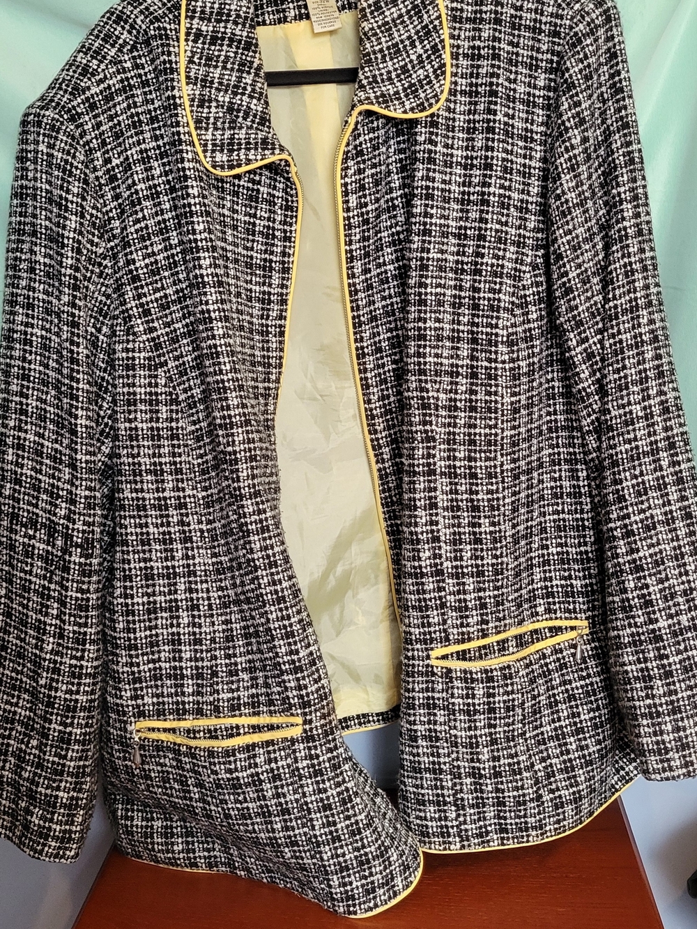 Bob Mackie Black and White Tweed Pea Coat with Yellow Piping